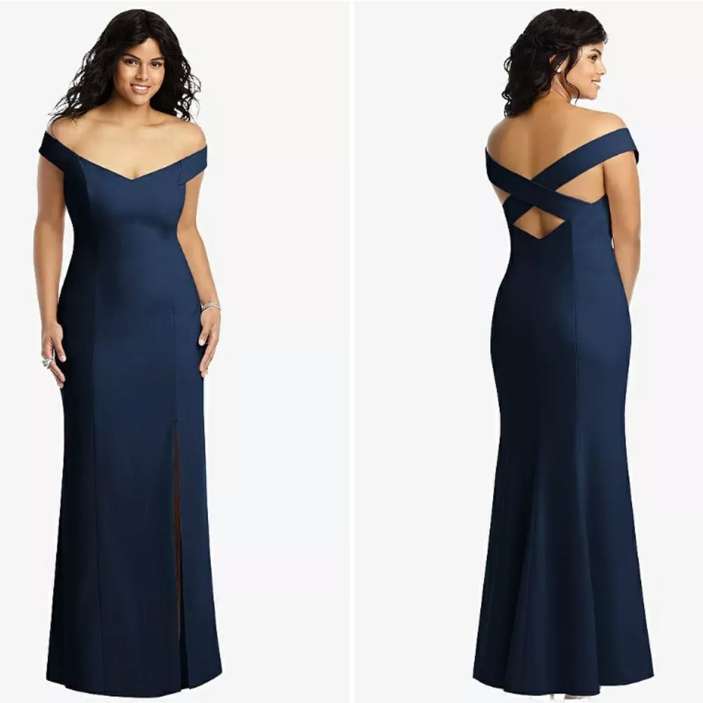 Dessy Off-The-Shoulder Criss Cross Back Trumpet Gown